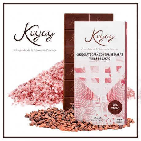 Chocolate Oscuro 70% con Sal de Maras y Nibs de Cacao Kuyay 70g